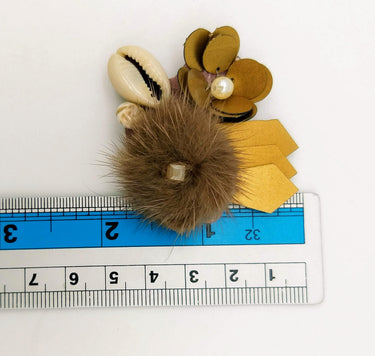 Hand Embroidered Bronze Applique With Cowrie Shell, Sequins,Pearl and Feather Pom Pom